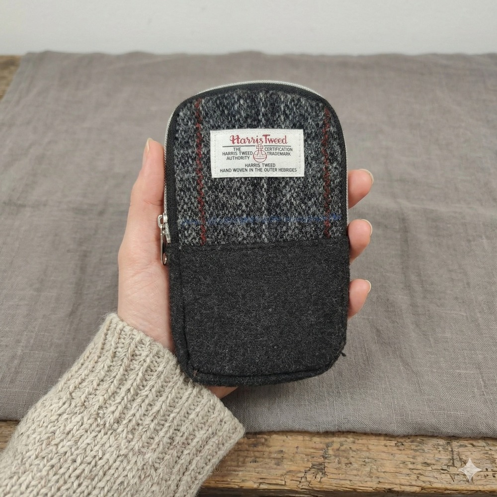 Harris Tweed Grey Wool Zip Around Tech Pouch Accessory Bag Belt Loop 11230